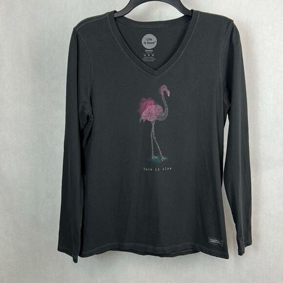 Life is Good LiG Flamingo Tshirt Sz Medium VNeck Long Sleeve Gray "Take It Slow" - Picture 1 of 9